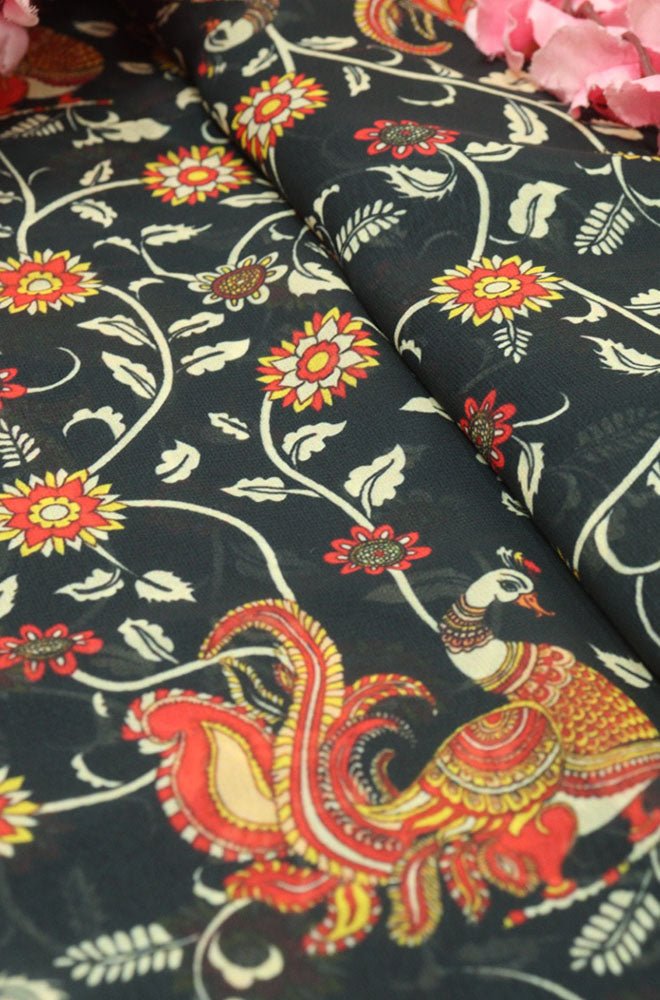 Black Digital Printed Georgette Floral Design Fabric ( 1 Mtr ) - Luxurion World