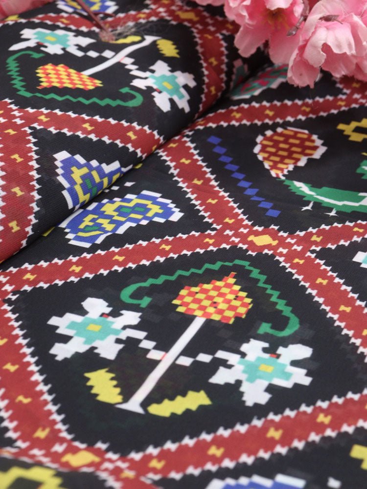 Black Digital Printed Georgette Patola Design Fabric ( 1 Mtr ) - Luxurion World