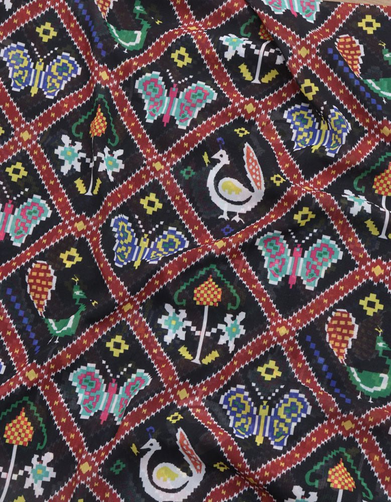 Black Digital Printed Georgette Patola Design Fabric ( 1 Mtr ) - Luxurion World