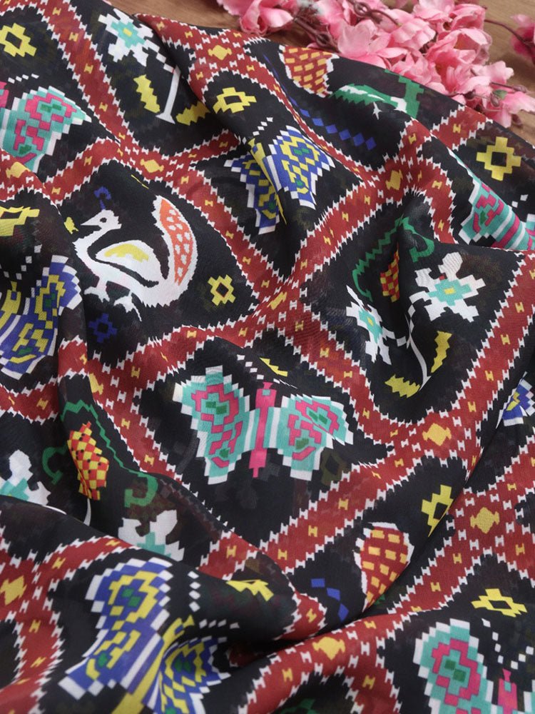 Black Digital Printed Georgette Patola Design Fabric ( 1 Mtr ) - Luxurion World