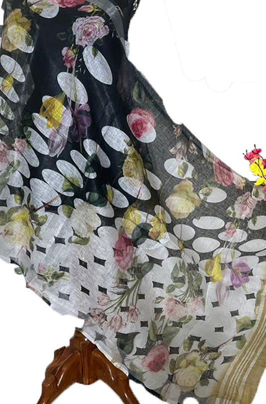 Black Digital Printed Linen Dupatta - Luxurion World