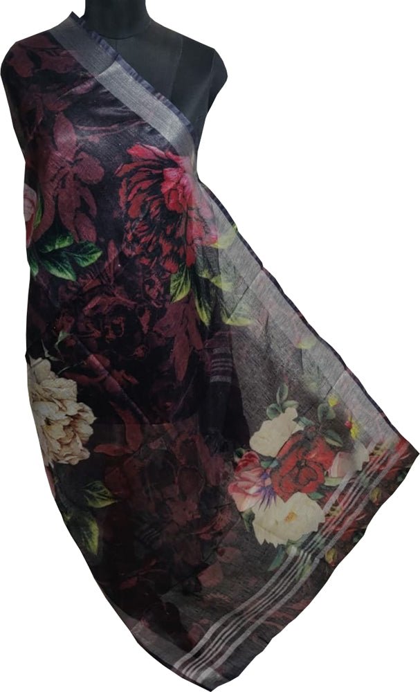 Black Digital Printed Linen Floral Design Dupatta - Luxurion World
