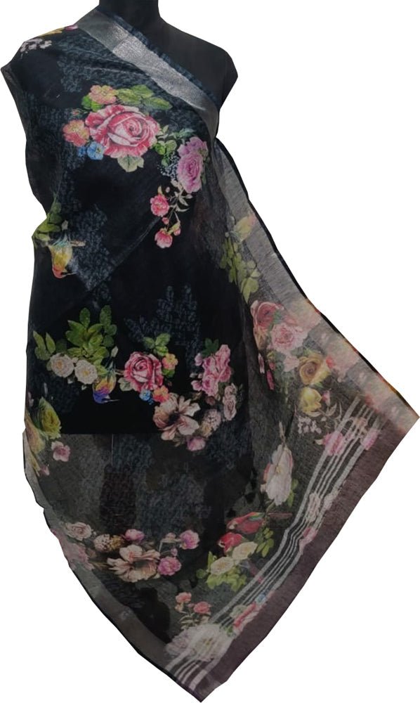 Black Digital Printed Linen Floral Design Dupatta - Luxurion World