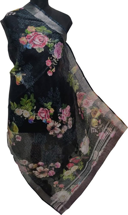 Black Digital Printed Linen Floral Design Dupatta - Luxurion World
