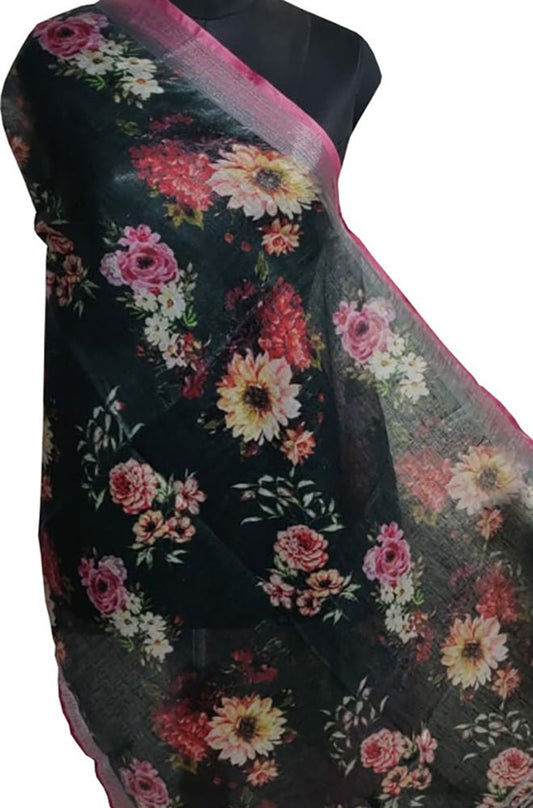 Black Digital Printed Linen Floral Design Dupatta - Luxurion World