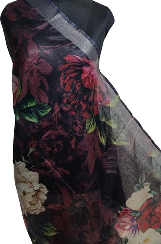 Black Digital Printed Linen Floral Design Dupatta - Luxurion World