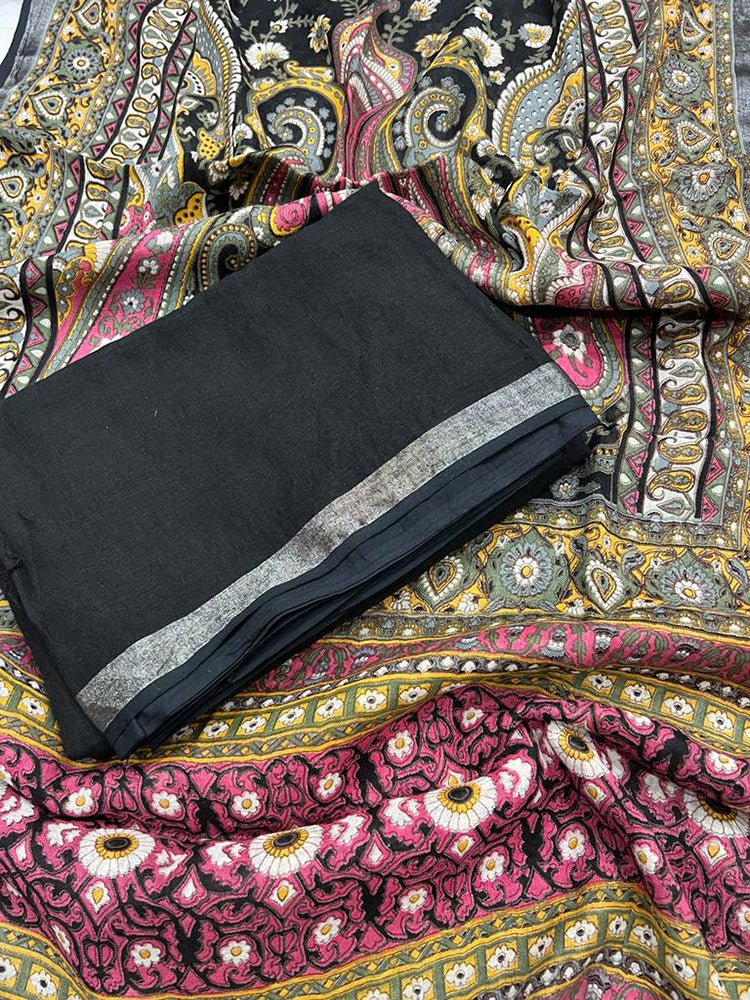 Black Digital Printed Linen Three Piece Unstitched Suit Set