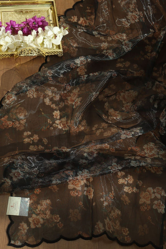 Black Digital Printed Organza Silk Dupatta With Scalloped Border - Luxurion World