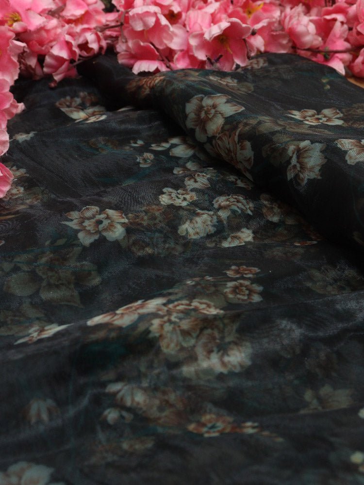 Black Digital Printed Organza Silk Floral Design Fabric ( 1 Mtr ) - Luxurion World