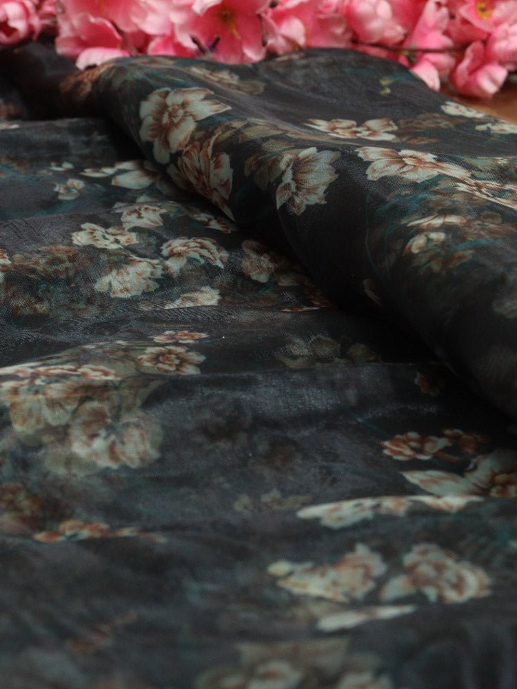 Black Digital Printed Organza Silk Floral Design Fabric ( 1 Mtr ) - Luxurion World