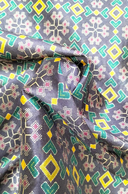 Black Digital Printed Tussar Silk Patola Design Fabric ( 1 Mtr ) - Luxurion World