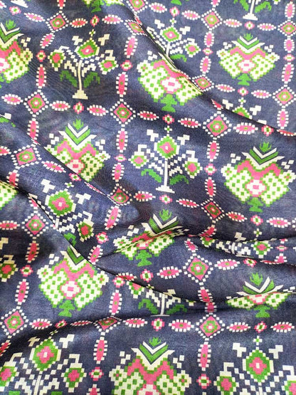 Black Digital Printed Tussar Silk Patola Design Fabric ( 1 Mtr ) - Luxurion World