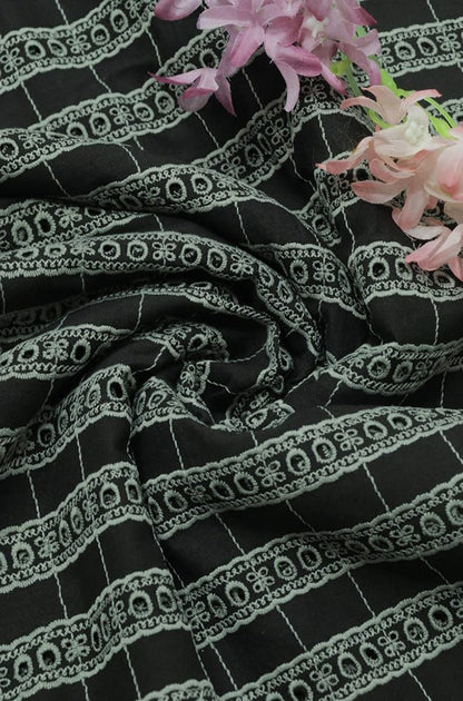 Black Embroidered Chikankari Cotton Fabric (1 Mtr) - Luxurion World