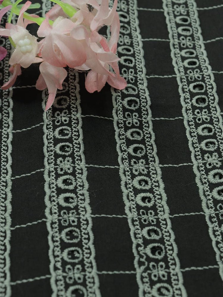 Black Embroidered Chikankari Cotton Fabric (1 Mtr) - Luxurion World