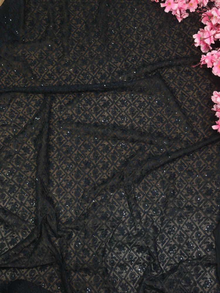 Black Embroidered Chikankari Georgette Sequins Work Fabric ( 0.75 Mtr ) - Luxurion World