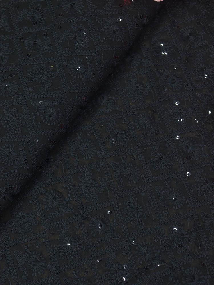 Black Embroidered Chikankari Georgette Sequins Work Fabric ( 0.75 Mtr ) - Luxurion World