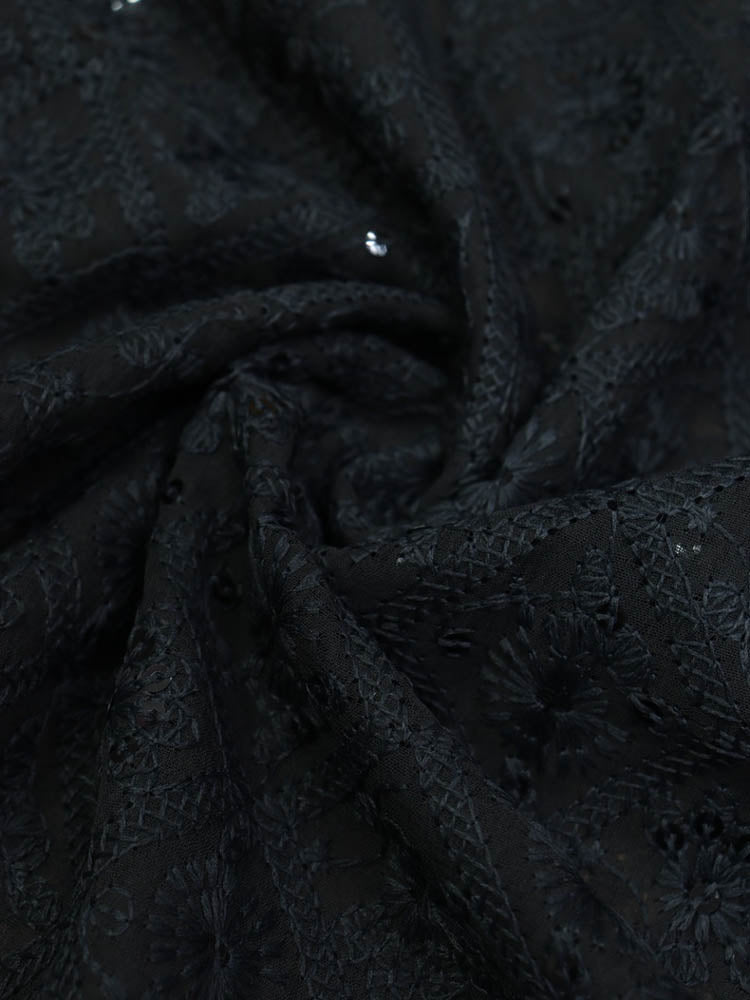 Black Embroidered Chikankari Georgette Sequins Work Fabric ( 1 Mtr )Luxurionworld