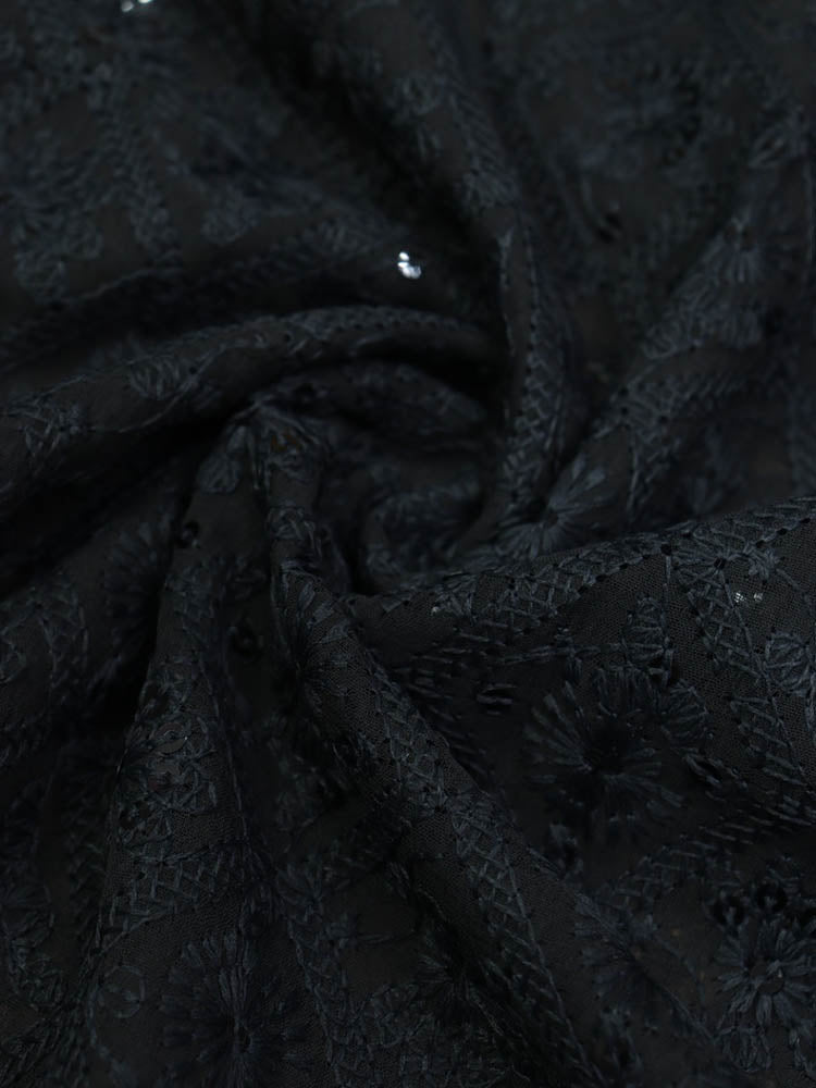 Black Embroidered Chikankari Georgette Sequins Work Fabric ( 0.75 Mtr ) - Luxurion World