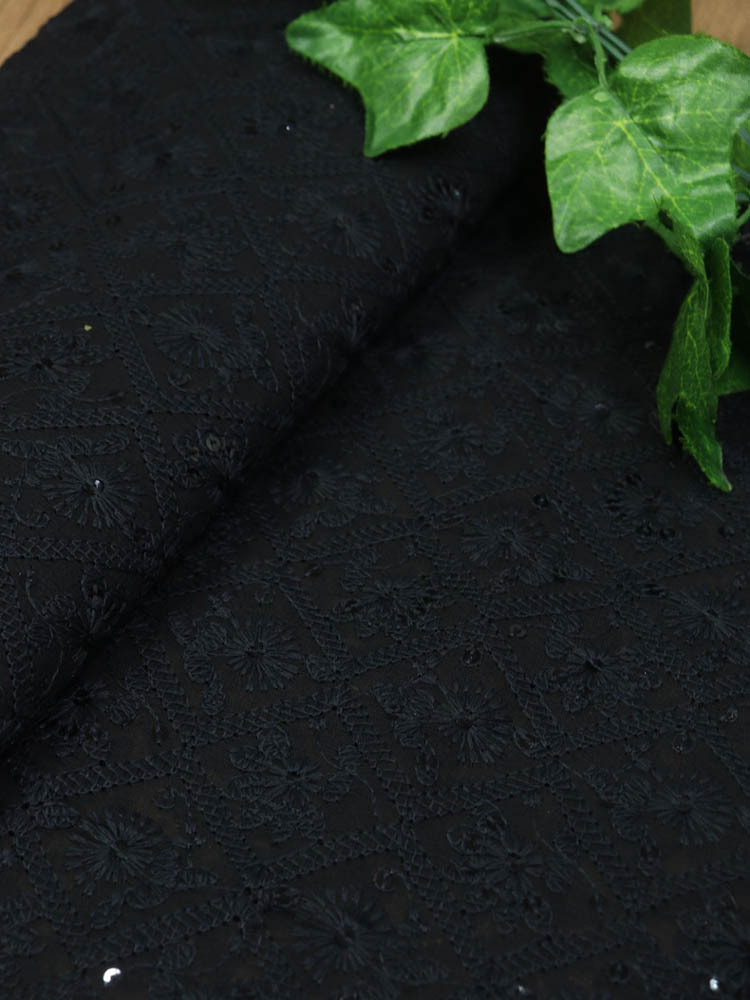 Black Embroidered Chikankari Georgette Sequins Work Fabric ( 1 Mtr )Luxurionworld