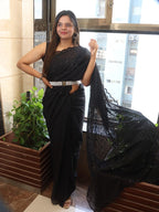 Black Embroidered Chikankari Georgette Sequins Work Saree - Luxurion World