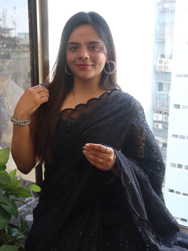 Black Embroidered Chikankari Georgette Sequins Work Saree - Luxurion World