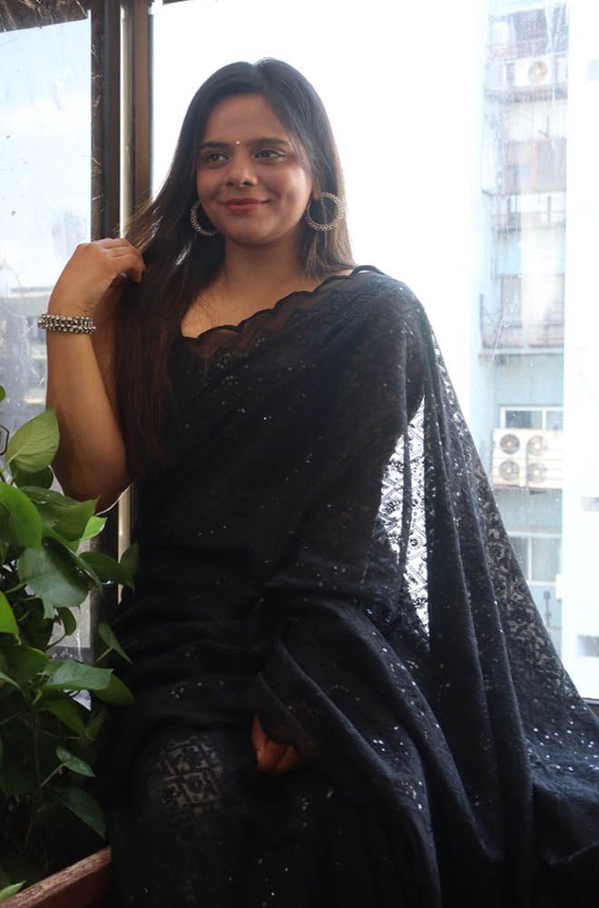 Black Embroidered Chikankari Georgette Sequins Work Saree - Luxurion World