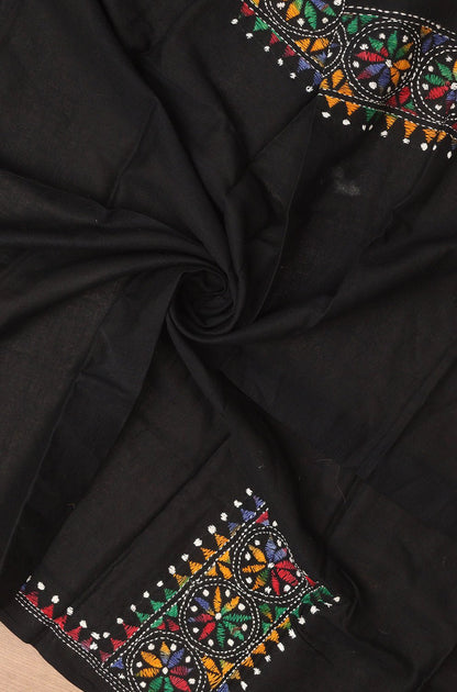 Black Embroidered Kantha Cotton Blouse Piece Fabric ( 1 Mtr ) - Luxurion World