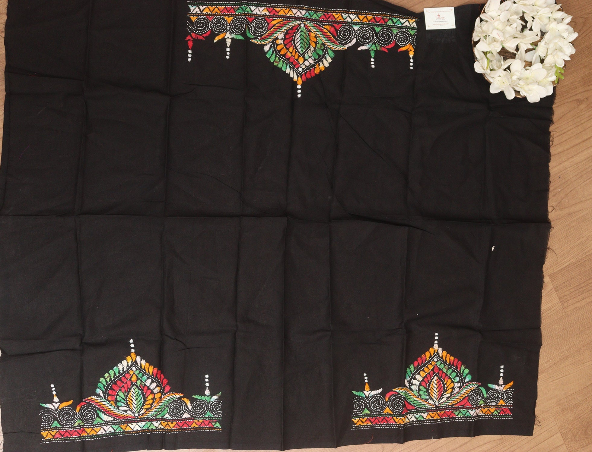 Black Embroidered Kantha Cotton Blouse Piece Fabric ( 1 Mtr ) - Luxurion World