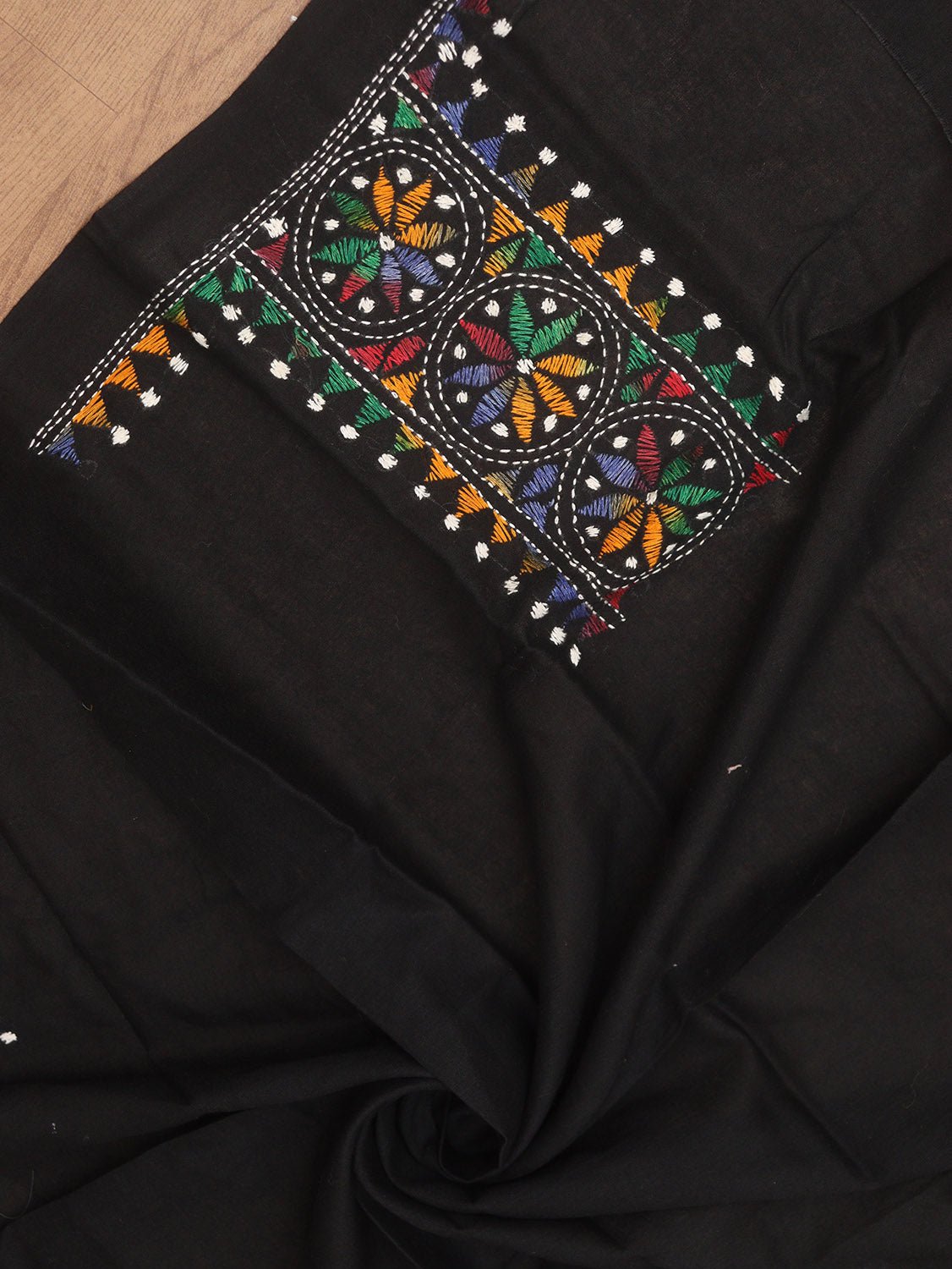 Black Embroidered Kantha Cotton Blouse Piece Fabric ( 1 Mtr ) - Luxurion World