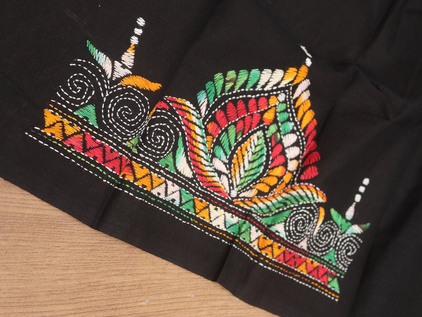 Black Embroidered Kantha Cotton Blouse Piece Fabric ( 1 Mtr ) - Luxurion World