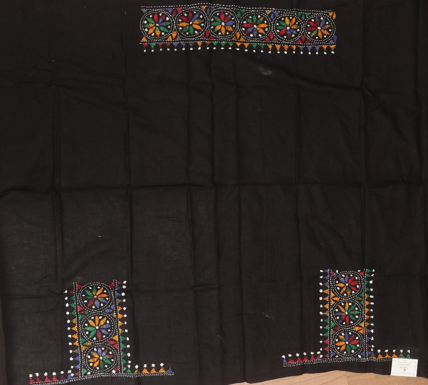 Black Embroidered Kantha Cotton Blouse Piece Fabric ( 1 Mtr ) - Luxurion World
