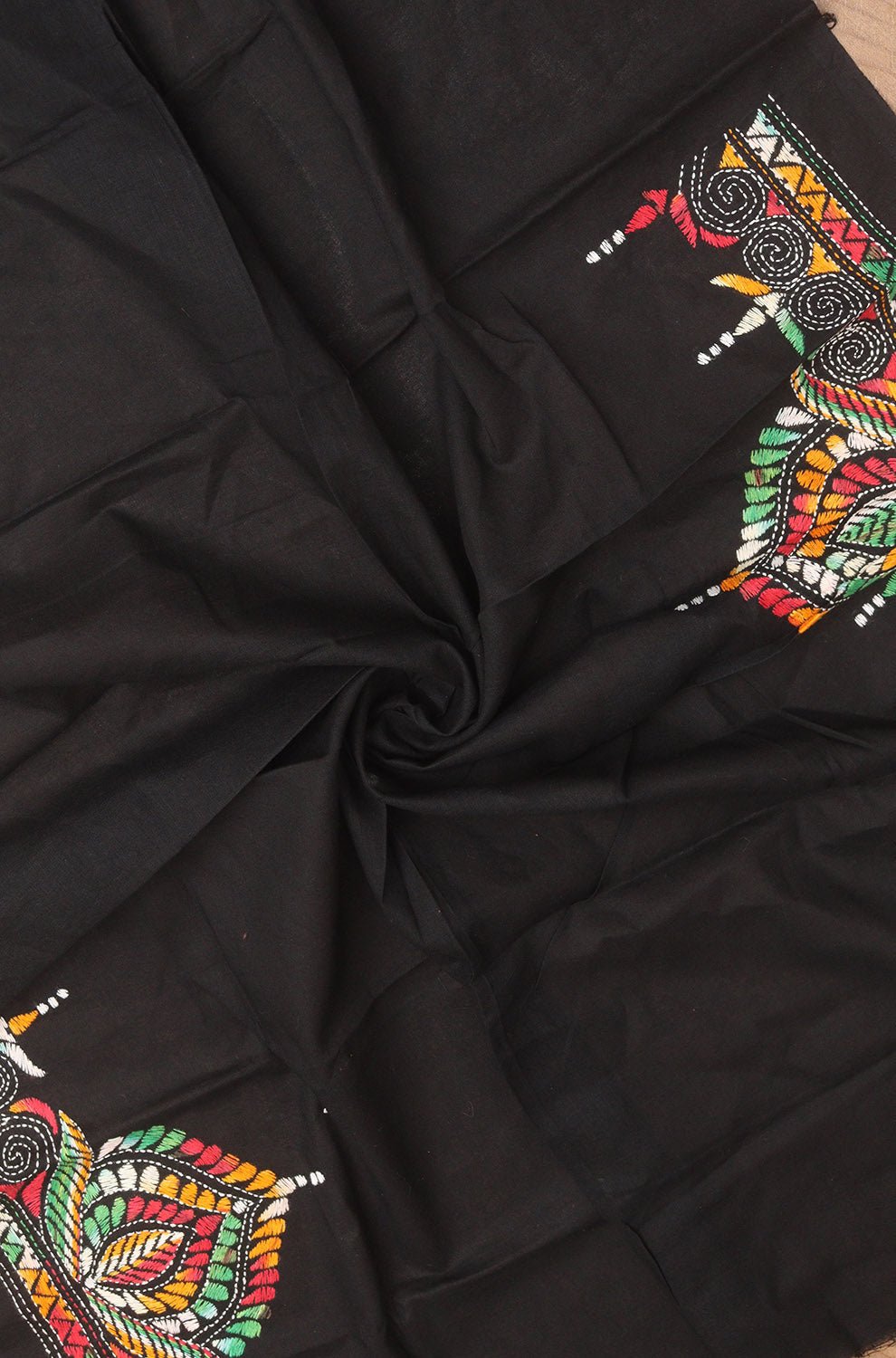 Black Embroidered Kantha Cotton Blouse Piece Fabric ( 1 Mtr ) - Luxurion World