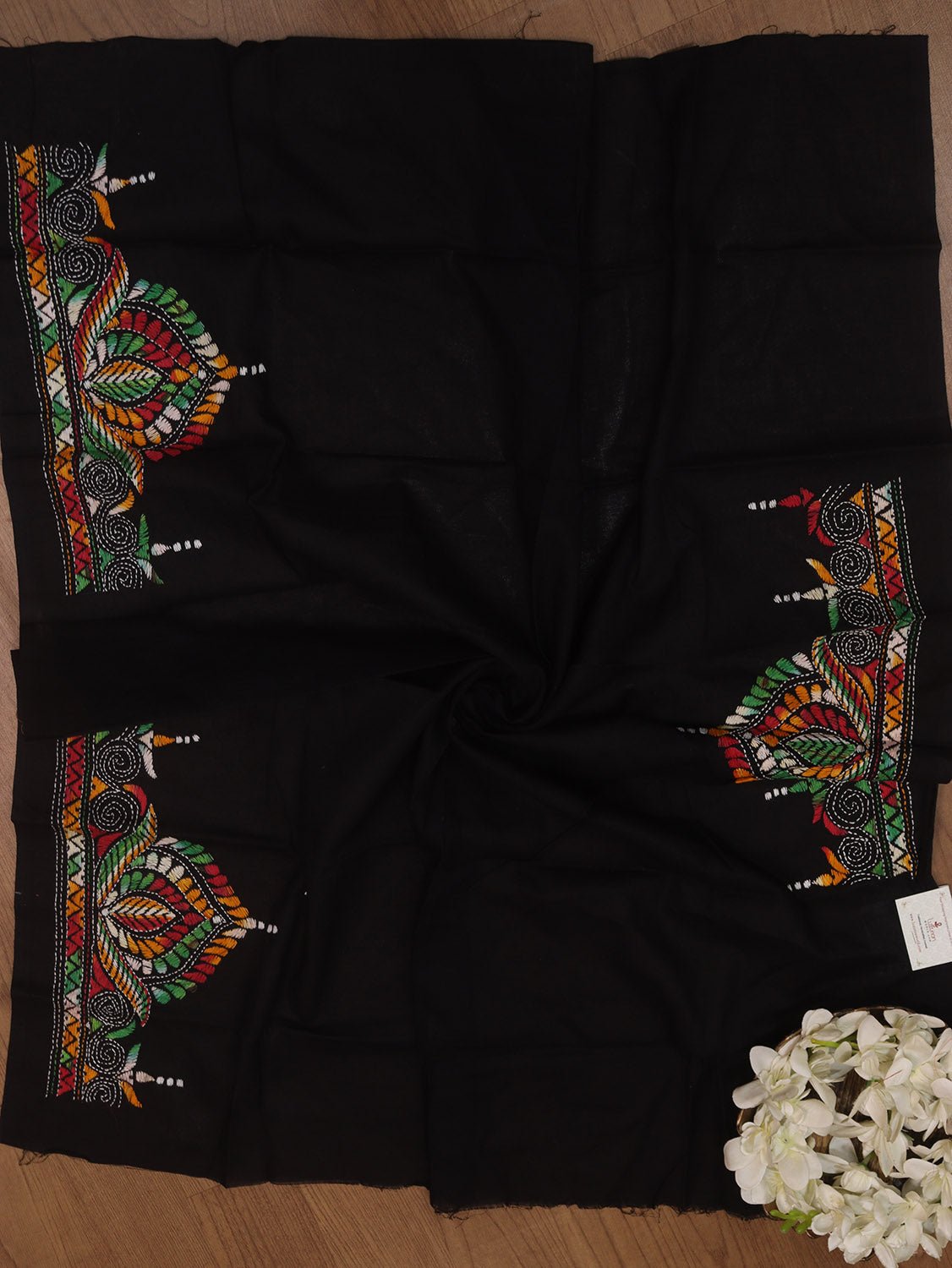 Black Embroidered Kantha Cotton Blouse Piece Fabric ( 1 Mtr ) - Luxurion World