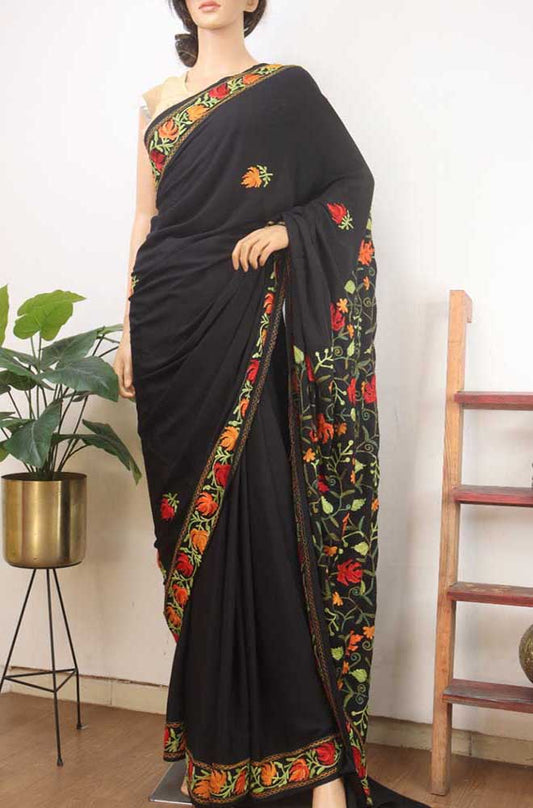Black Embroidered Kashmiri Aari Work Crepe Floral Design Saree - Luxurion World