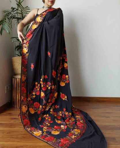 Black Embroidered Kashmiri Aari Work Crepe Floral Design SareeLuxurionworld
