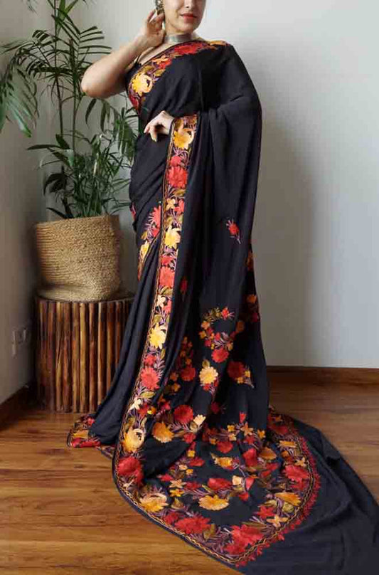 Black Embroidered Kashmiri Aari Work Crepe Floral Design Saree