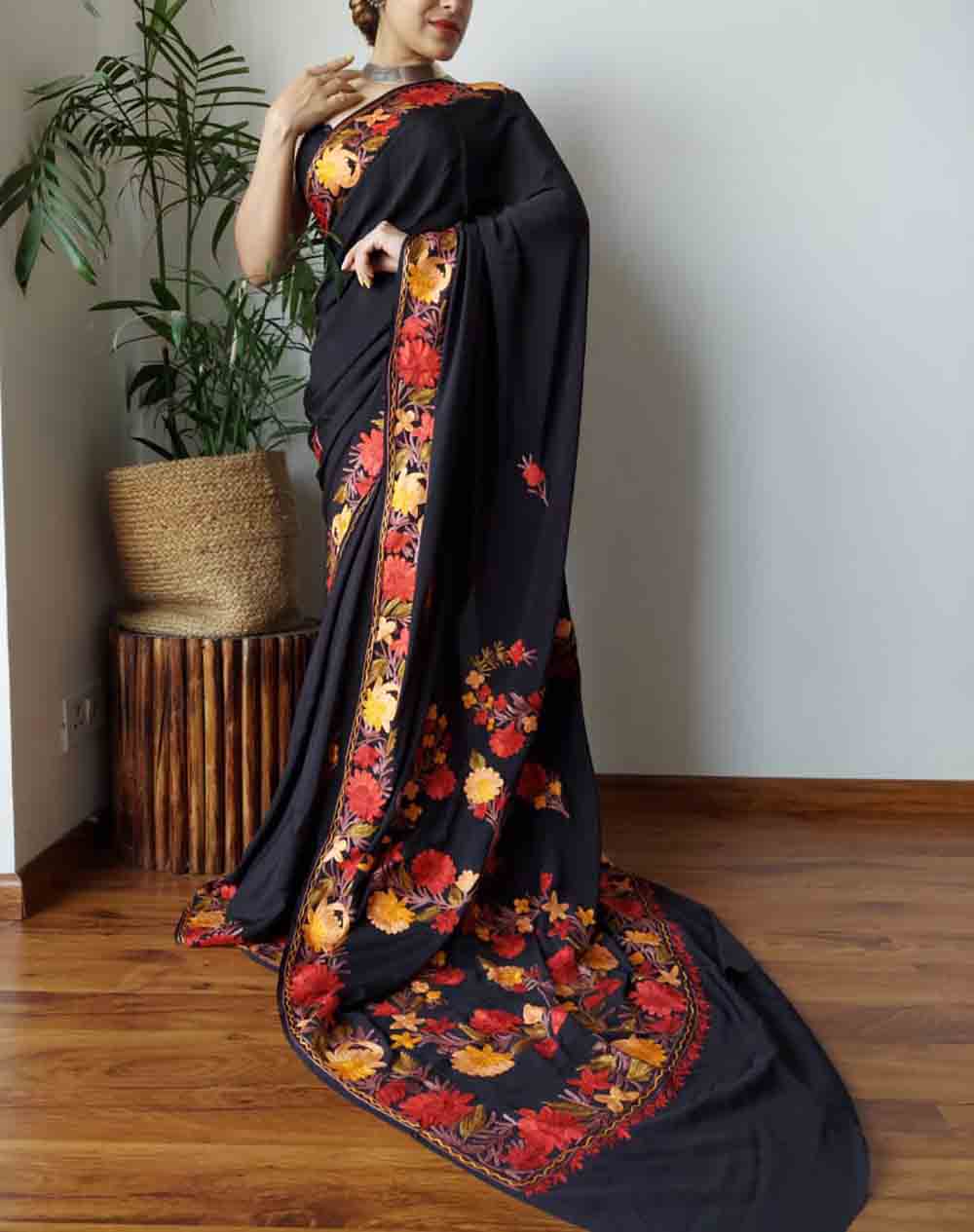 Black Embroidered Kashmiri Aari Work Crepe Floral Design SareeLuxurionworld