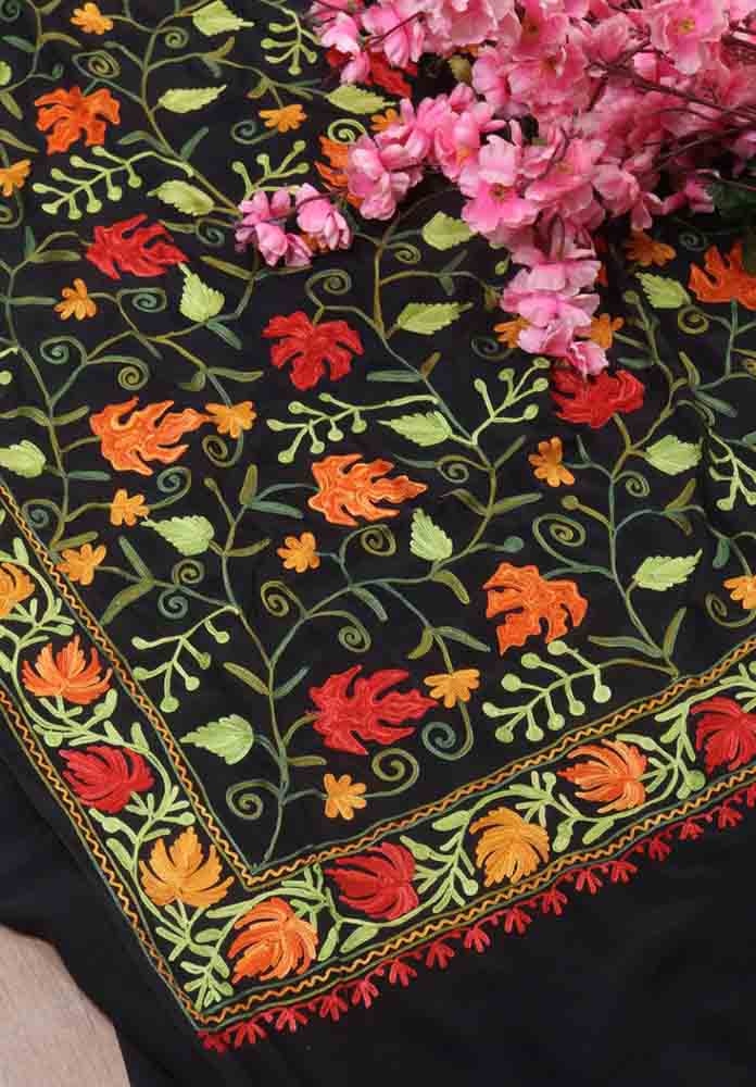 Black Embroidered Kashmiri Aari Work Crepe Floral Design Saree - Luxurion World