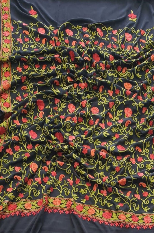 Black Embroidered Kashmiri Aari Work Crepe Flower Design Saree - Luxurion World