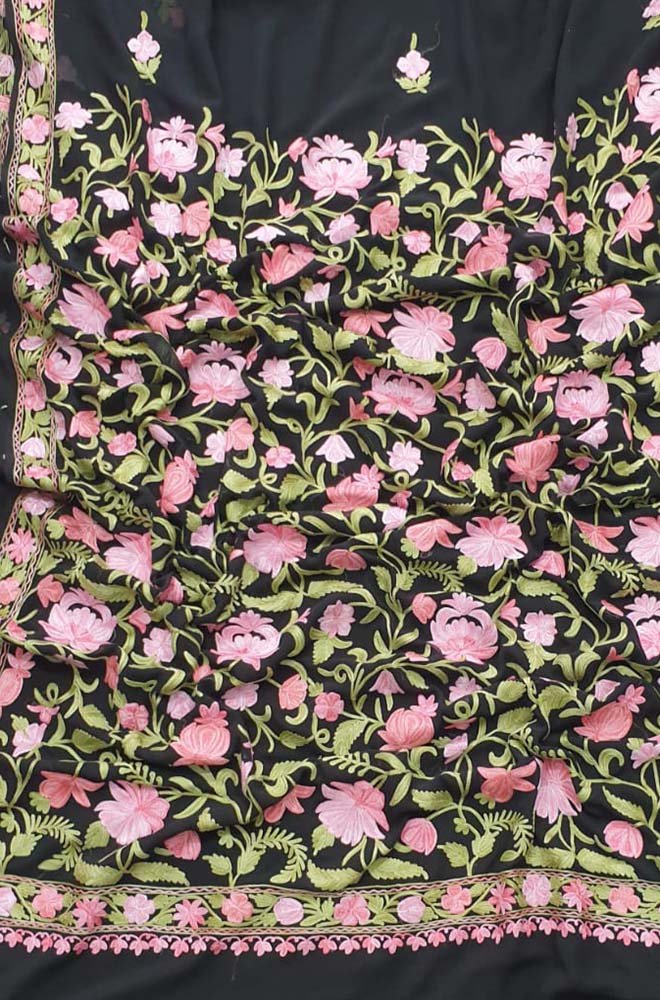 Black Embroidered Kashmiri Aari Work Georgette Floral Design Saree - Luxurion World