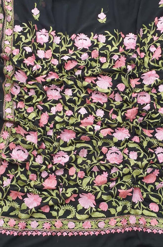 Black Embroidered Kashmiri Aari Work Georgette Floral Design Saree - Luxurion World