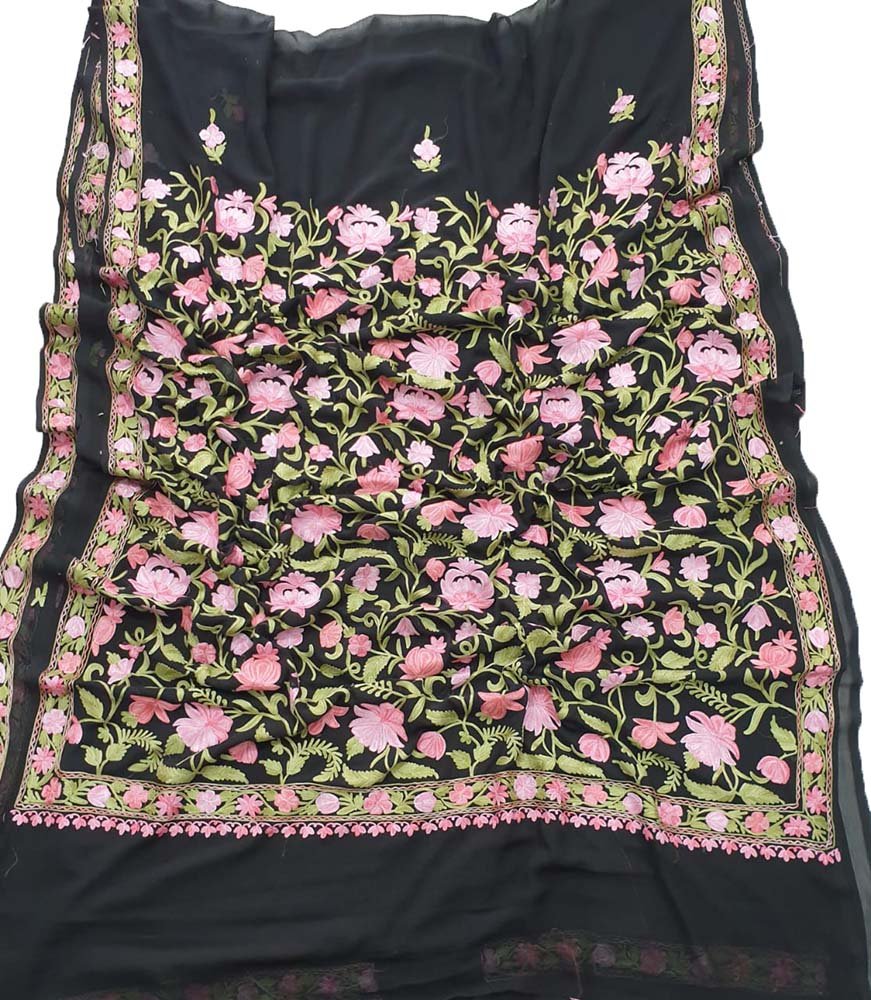 Black Embroidered Kashmiri Aari Work Georgette Floral Design Saree - Luxurion World