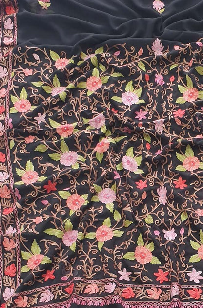Black Embroidered Kashmiri Aari Work Georgette Floral Design Saree
