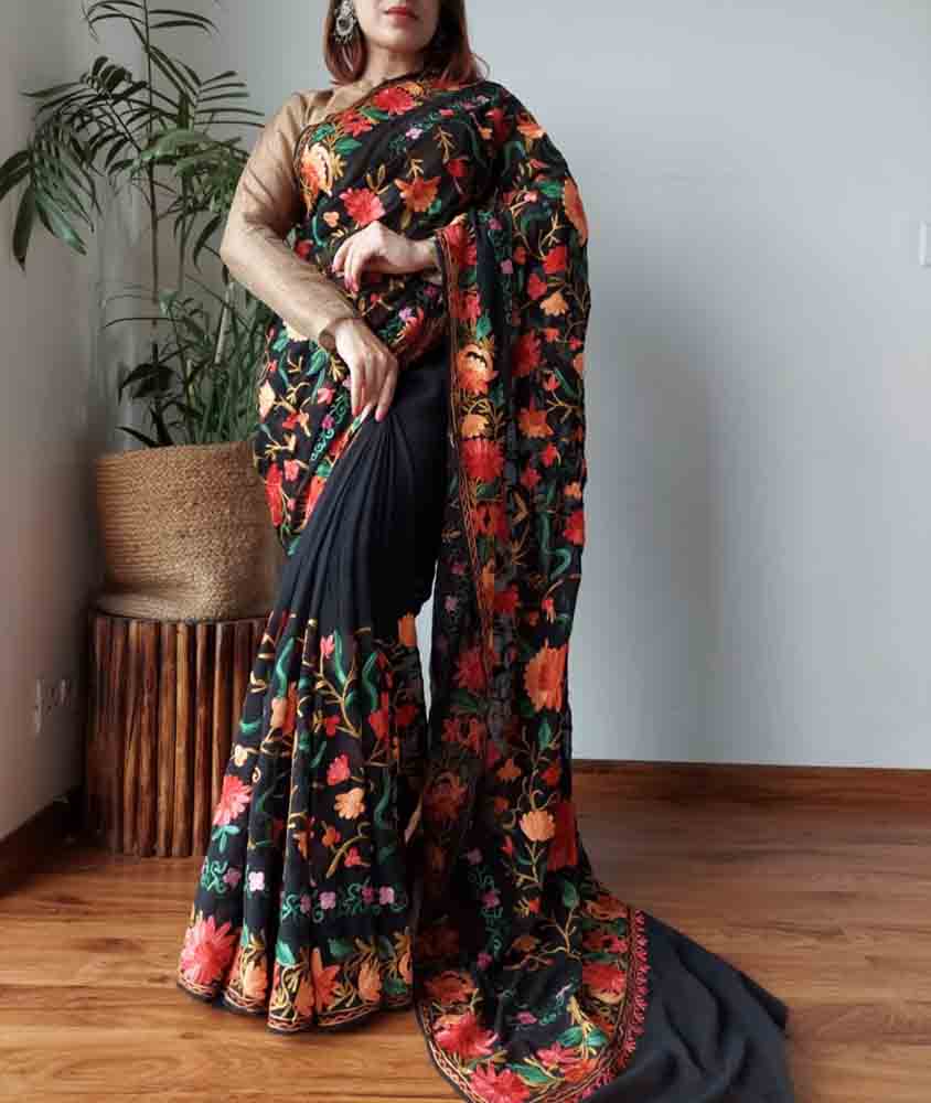 Black Embroidered Kashmiri Aari Work Georgette Floral Design Saree - Luxurion World