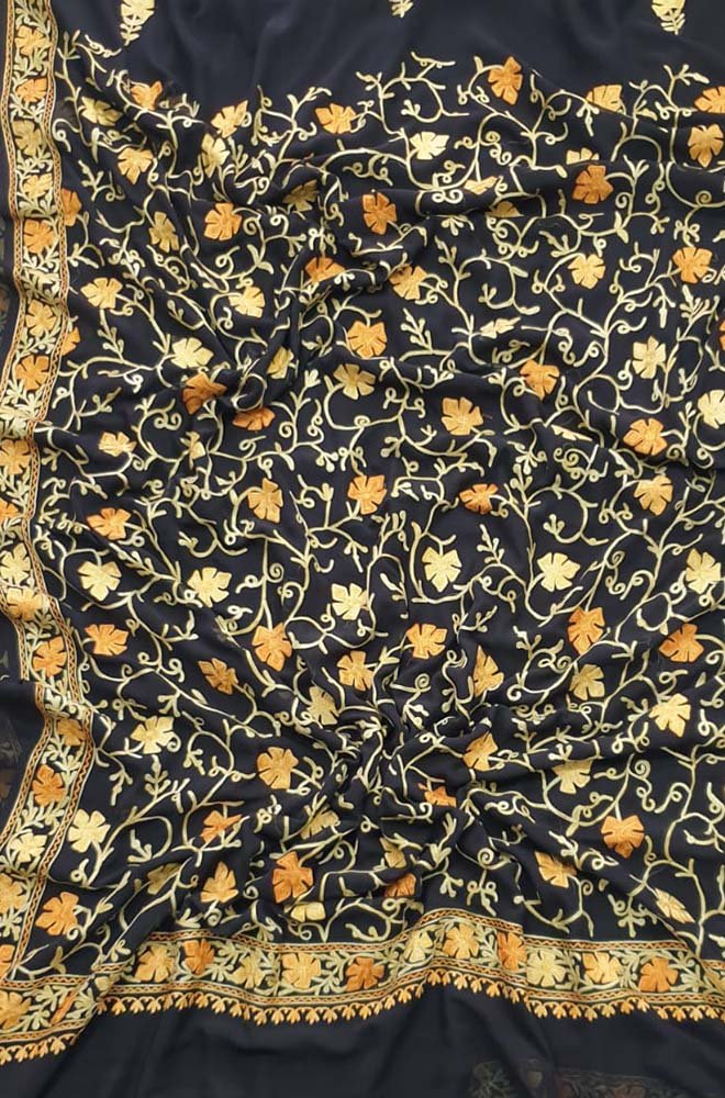 Black Embroidered Kashmiri Aari Work Georgette Floral Design Saree - Luxurion World