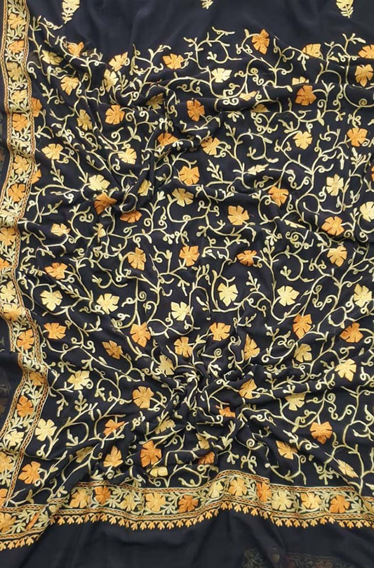 Black Embroidered Kashmiri Aari Work Georgette Floral Design Saree - Luxurion World
