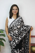Black Embroidered Kashmiri Aari Work Georgette Saree - Luxurion World