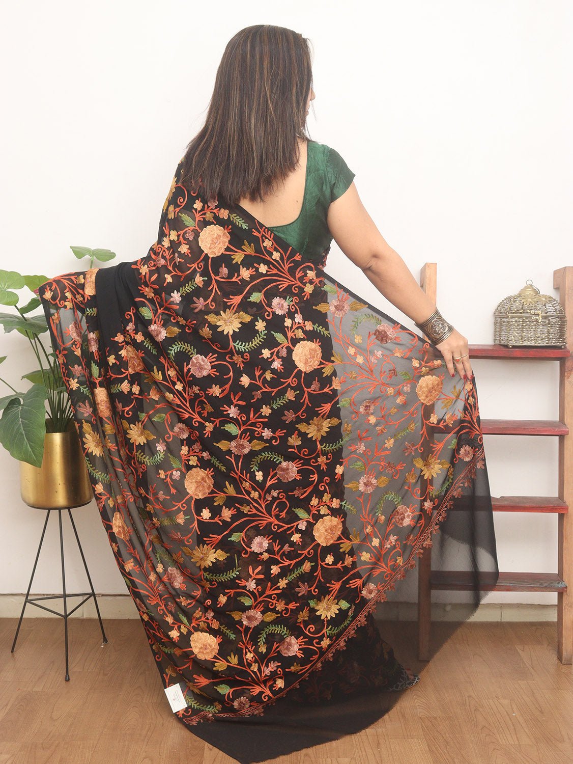 Black Embroidered Kashmiri Aari Work Georgette Saree - Luxurion World
