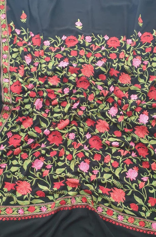 Black Embroidered Kashmiri Aari Work Georgette Saree - Luxurion World