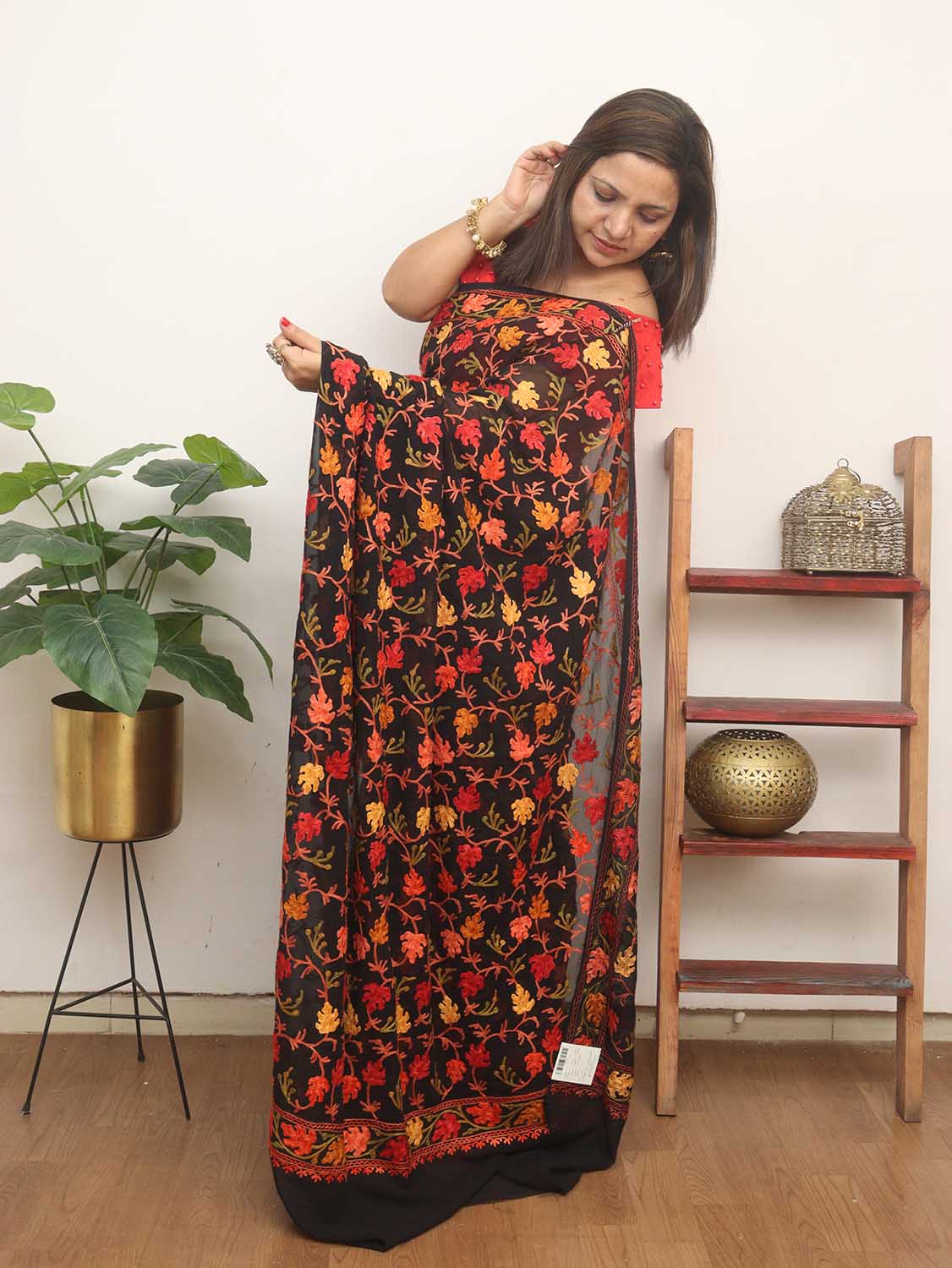Black Embroidered Kashmiri Aari Work Georgette Saree - Luxurion World